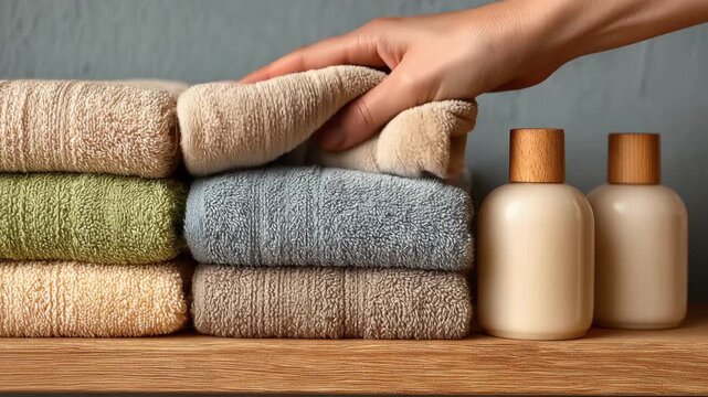 Person reaches for clean towels on shelf located next to laundry area during daylight hours to organize supplies