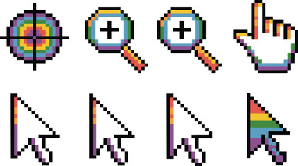 Obraz premium Pixel cursor and set with rainbow gradient colors mouse pointer