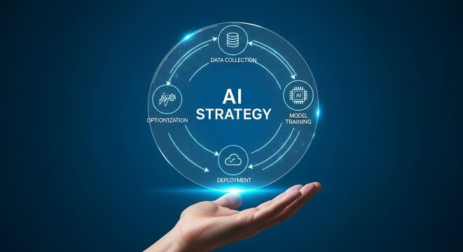 A hand holding a glowing blue AI strategy concept with data collection, model training, and deployment.