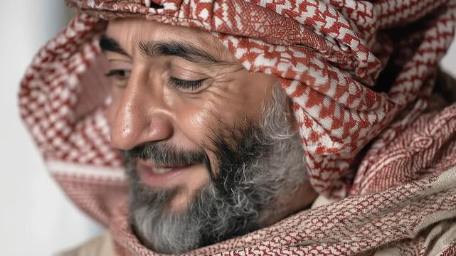 Portrait of an Arab man wearing keffiyeh who smiles and looks at the camera in bright light