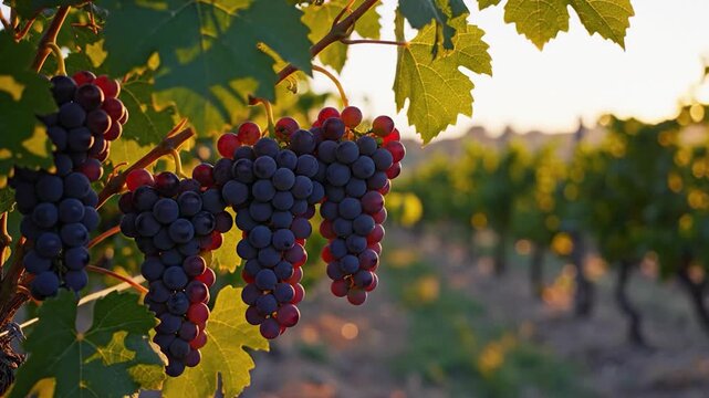 Clusters of ripe purple grapes hang from vines in a sunlit agricultural field during the golden hour