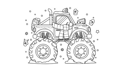 Funny Monster Truck Winter Coloring Page with Snow and Scarf Cute Kids Outline Vector © Chiron
