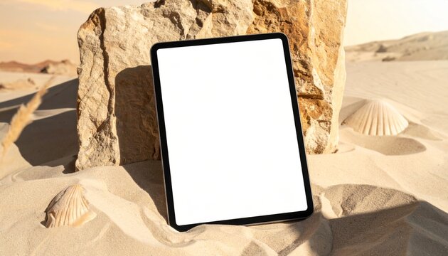 Digital tablet on sandy beach with seashells and rock during sunset