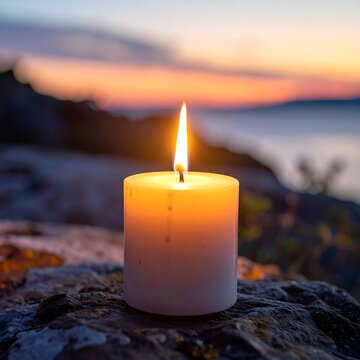 A lit candle glows warmly against a blurred sunset waterscape