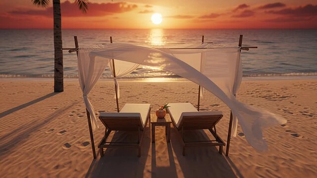 two beach lounge chairs under flowing canopy at sunset on the sand