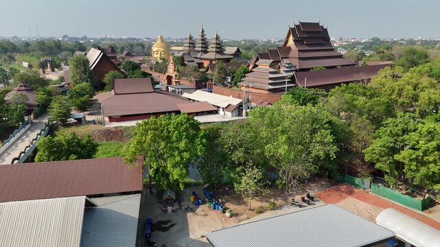 Aerial view of Wat Pa Wang Nam Yen, world's largest wooden castle, Maha Sarakham, Thailand.