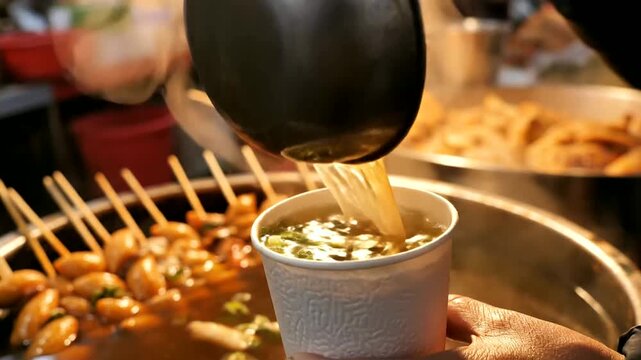 Hot soup being poured at a street food market or vendor pours hot broth into cup at night market