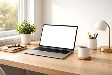 Fototapeta premium Minimalist workspace with laptop plant and desk accessories