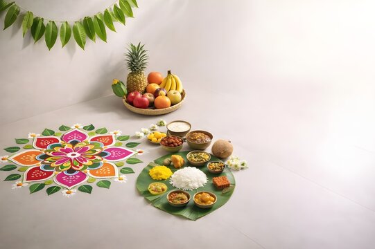 Onam sadhya spread with pookalam a traditional kerala festival celebration