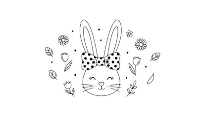 Obraz premium Adorable bunny head with polka dot ribbon and spring flowers minimalist Easter nursery vector illustration