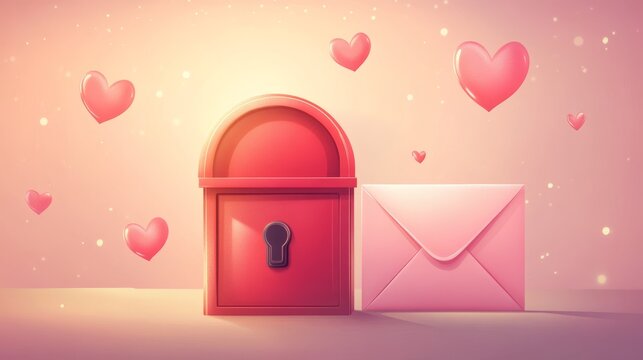 58.Elegant vector layout of a red mailbox and a pink envelope presented side by side, with smooth curves, polished surfaces, and delicate heart-inspired details creating a light celebratory mood.