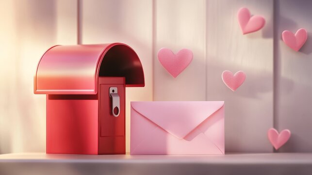 58.Elegant vector layout of a red mailbox and a pink envelope presented side by side, with smooth curves, polished surfaces, and delicate heart-inspired details creating a light celebratory mood.