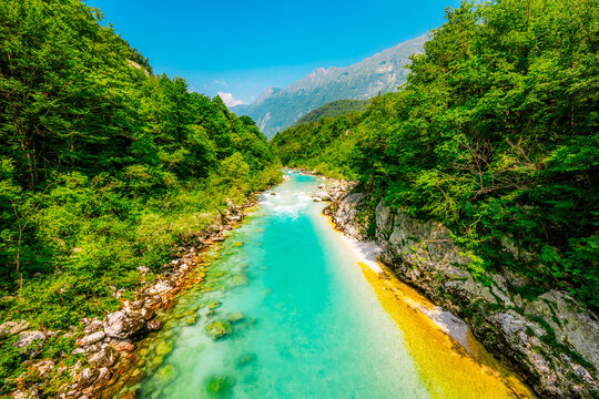 Wonderful Soca river and gorge in the green forest, kobarid, Slovenia. Kayaking destination in Slovenia in Triglav National park