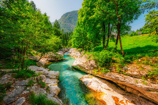 Male Korita or small canyon of Soca river near Bovec in Slovenia. River soca gorge in Triglav national park. Soca waterfall