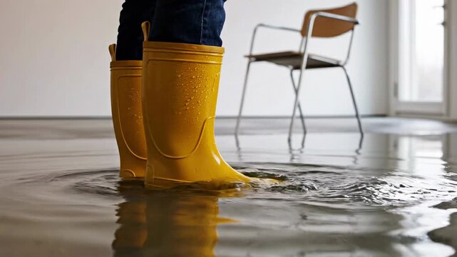 Close-up of man's rubber boots in flood concept. Person wearing yellow rain boots stepping in indoor water puddle with reflection and ripples