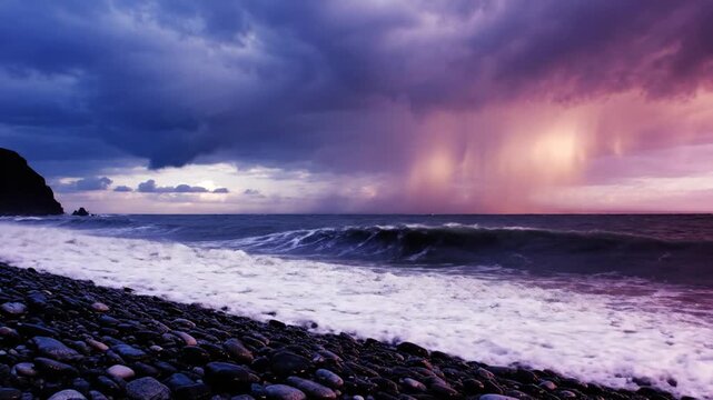 Crashing waves with stormy sky.
