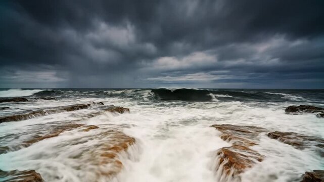 Rough sea crashes rocks.