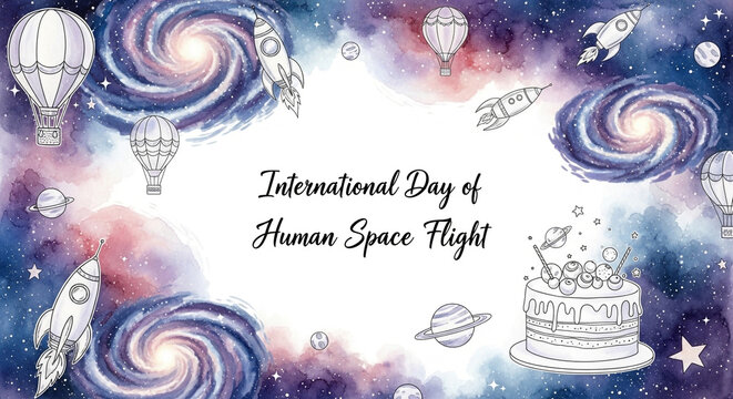 A colorful illustration celebrating International Day of Human Space Flight with space and rocket elements