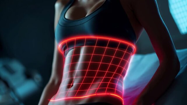 Woman getting slimming treatment in infra red non invasive laser grid device on abdominal muscles in wellness spa clinic, Laser lipo session for fat sculpting with advanced technology