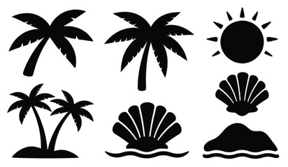 Obraz premium Large tropical summer nature silhouette collection featuring palm leaves coconut trees sun waves shells and island environment elements in modern vector style