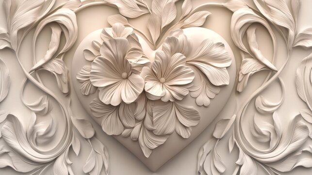 40.Textured heart-shaped floral relief forming a repeatable 3d surface, elegant contours and sculpted petals giving a refined decorative beige design.