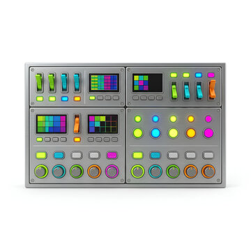 Electronic music production studio equipment with colorful lights.