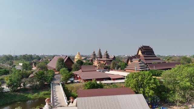 Aerial view of Wat Pa Wang Nam Yen, world's largest wooden castle, Maha Sarakham, Thailand.
