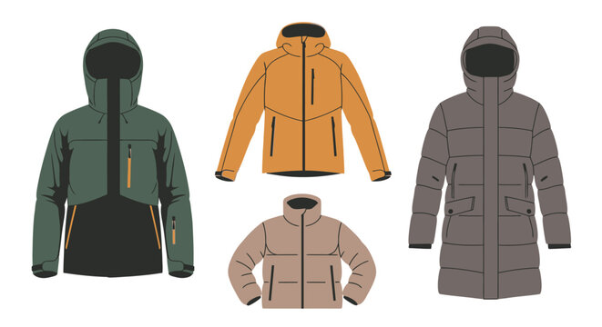 Four Different Colored Winter Parka Jackets.