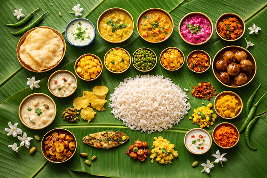 Authentic vishu sadhya meal with various traditional kerala dishes served on a fresh banana leaf for the auspicious new year celebration and special hindu festivals