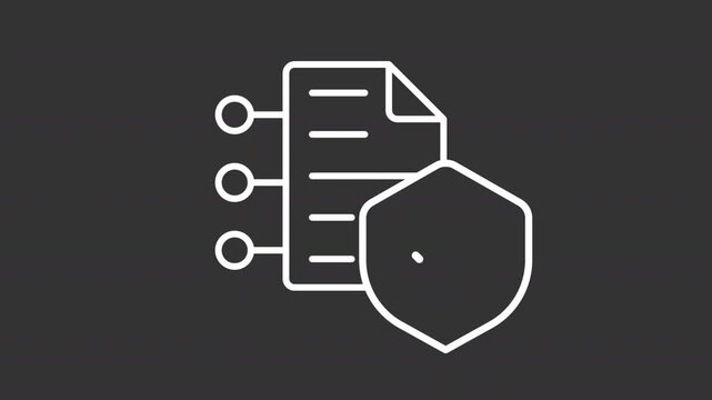 Secure documentation white line animation. Verified data animated icon. Shaking shield. Complete mark showing up. Data security. Isolated element on dark background. Alpha transparent video