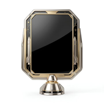 Elegant desktop mirror with a unique design and futuristic aesthetic.