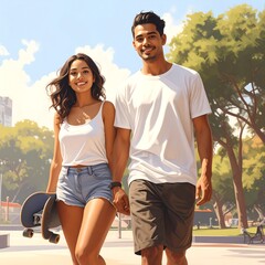 Obraz premium A young couple strolls hand-in-hand outdoors on a sunny day