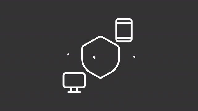 Cybersecurity white line animation. Devices protection animated icon. Lines showing up. Shaking shield. Software compatibility. Isolated element on dark background. Alpha transparent video