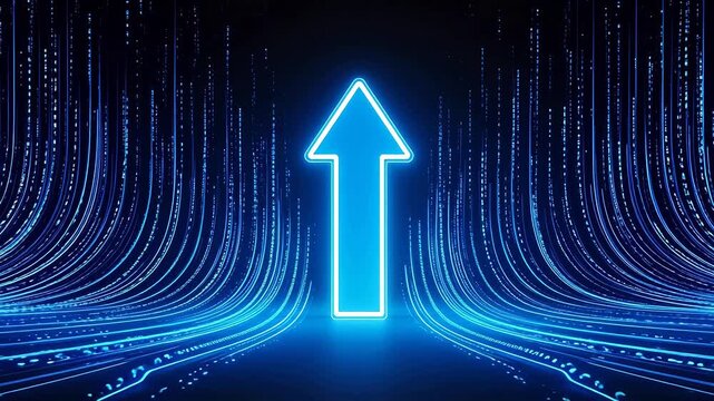 Neon blue upward arrow glowing against a digital tunnel of light streams
