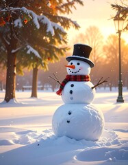 Obraz premium A snowman wearing a hat and scarf stands in a snowy park