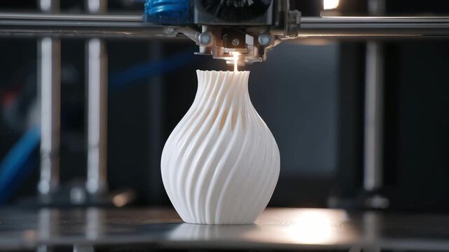 Modern innovative 3D printer creating printing a small glossy white vase with classic shape