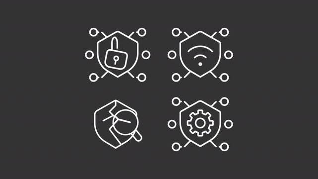 Information management animation set. Online safety animated white line icons. Computer programming, digital authentication. Isolated elements on dark background. Alpha channel HD video