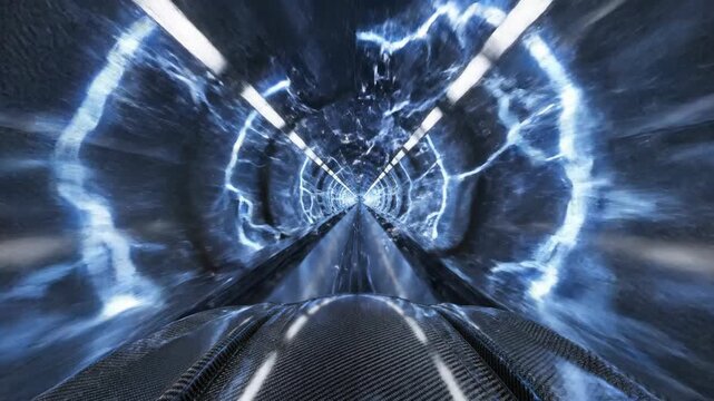 POV high-speed travel through a futuristic sci-fi tunnel with glowing blue energy