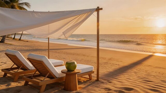 beach lounge chairs under draped canopy at sunset by the ocean
