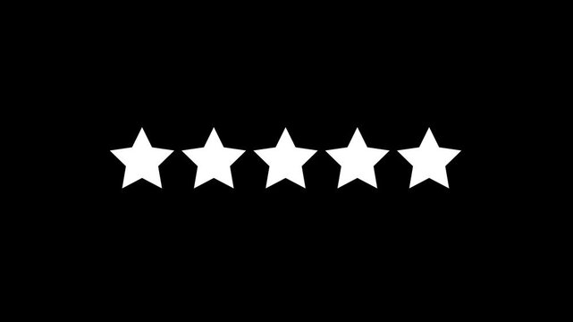 Five star rating icon animation with glowing stars, customer feedback and review concept, isolated on alpha channel background, smooth motion graphics 4k animation video