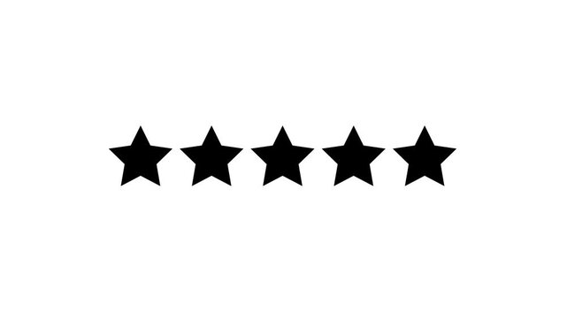 Five star rating icon animation with glowing stars, customer feedback and review concept, isolated on alpha channel background, smooth motion graphics 4k animation video