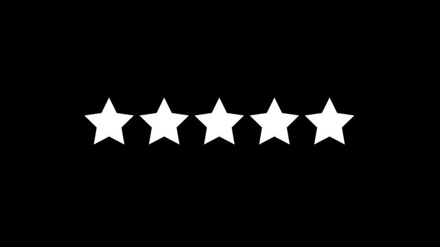Five star rating icon animation with glowing stars, customer feedback and review concept, isolated on alpha channel background, smooth motion graphics 4k animation video