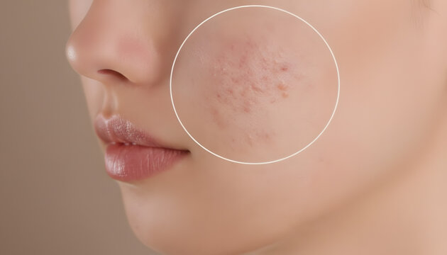 A detailed close-up of a young woman's face, highlighting acne and skin imperfections with a magnified circle, ideal for dermatological and beauty concepts.
