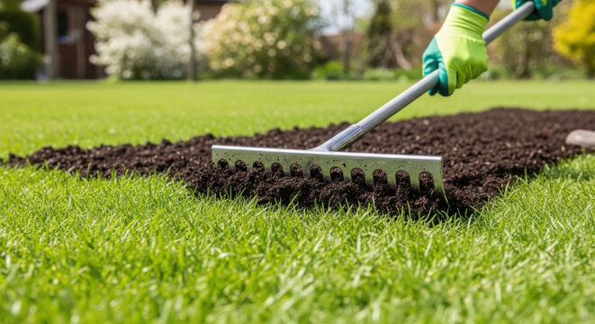 Gardener applying top dressing to lawn with rake on sunny day  