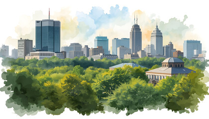 Fototapeta premium illustration of a city view with buildings and shady trees in the morning