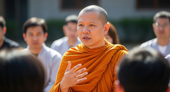 Monk giving Dharma talk to audience in outdoor setting  