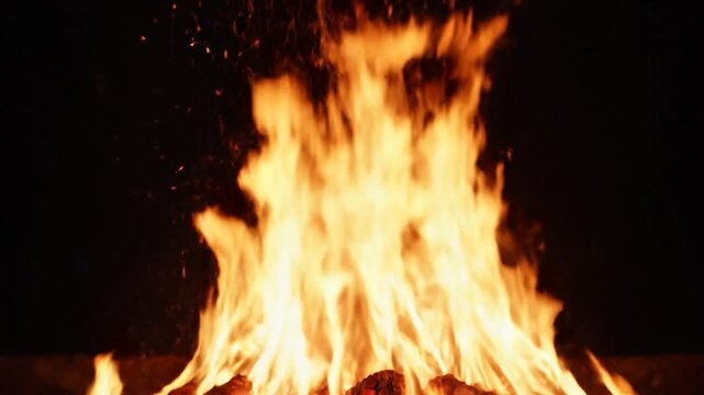 A bright fire burns intensely with glowing embers and hot coals against a dark background