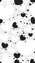 Fototapeta premium Love hearts black and white vertical repeating pattern. Romance Valentines affection. Endless background. Line art illustration. Social media overlay for stories and reels. Seamless outline icon motif