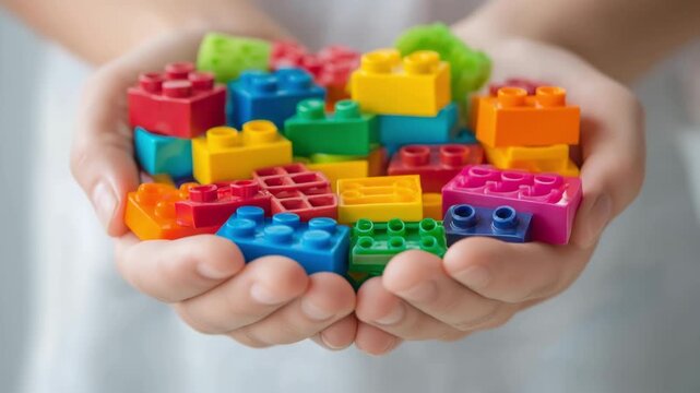 Hands of a child holding colorful toy plastic bricks, and blocks for building toys, Children goods, Toys and games