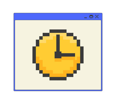 Analog clock pixel art popup window UI overlay. Time tracking. Schedule system timing. Productivity widget. Timer control. Blocky interface element in retro 8bit style. Bitmap-inspired UX design